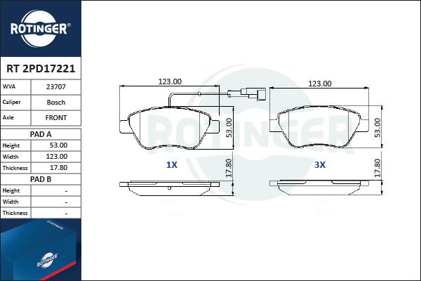 Rotinger RT 2PD17221 - Brake Pad Set, disc brake autospares.lv