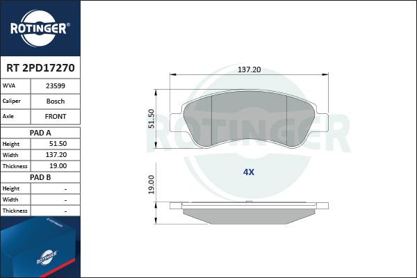 Rotinger RT 2PD17270 - Brake Pad Set, disc brake autospares.lv