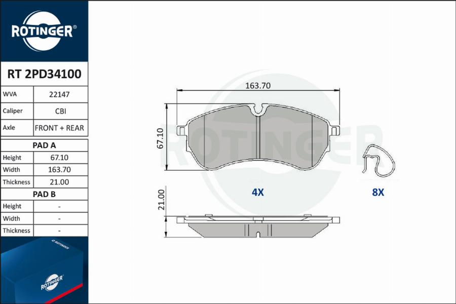 Rotinger RT 2PD34100 - Brake Pad Set, disc brake autospares.lv