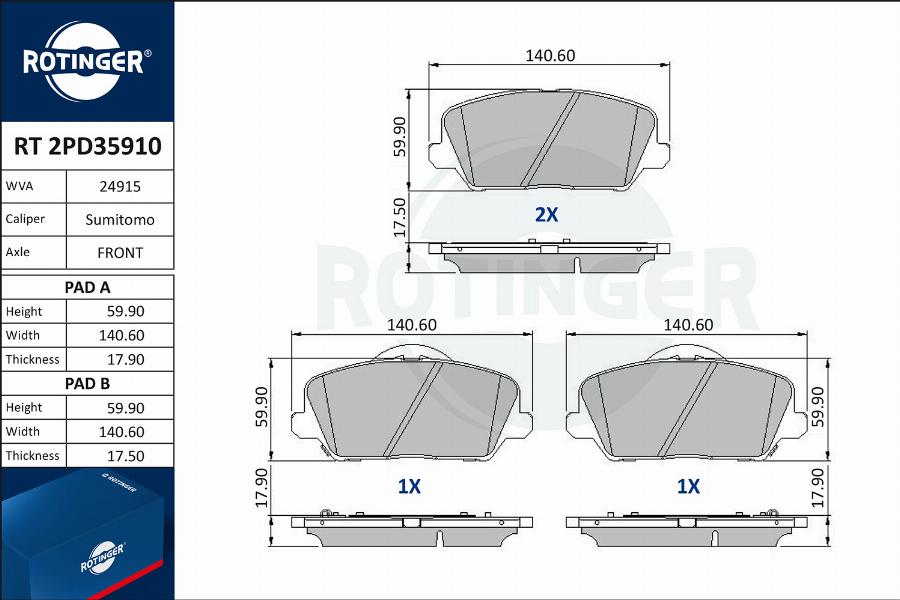 Rotinger RT 2PD35910 - Brake Pad Set, disc brake autospares.lv