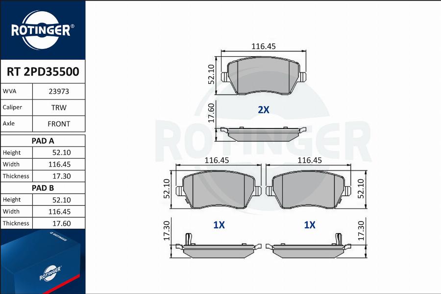 Rotinger RT 2PD35500 - Brake Pad Set, disc brake autospares.lv