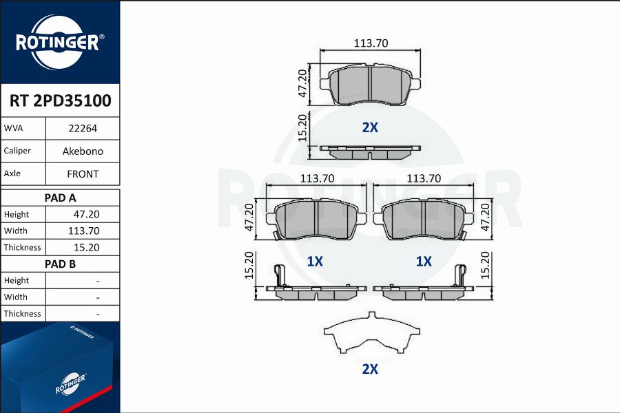 Rotinger RT 2PD35100 - Brake Pad Set, disc brake autospares.lv