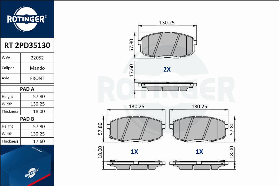 Rotinger RT 2PD35130 - Brake Pad Set, disc brake autospares.lv