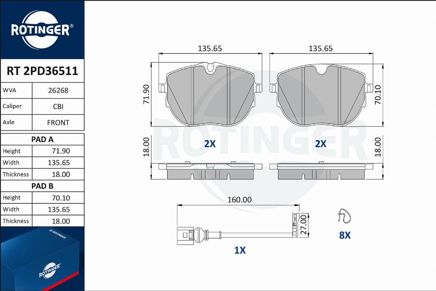 Rotinger RT 2PD36511 - Brake Pad Set, disc brake autospares.lv