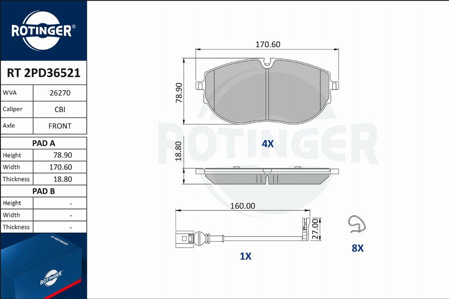 Rotinger RT 2PD36521 - Brake Pad Set, disc brake autospares.lv