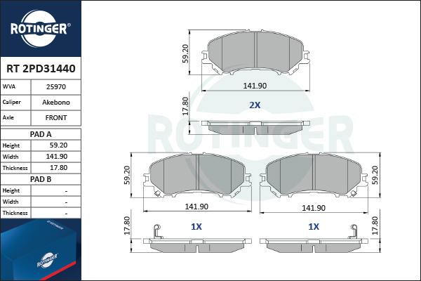 Rotinger RT 2PD31440 - Brake Pad Set, disc brake autospares.lv