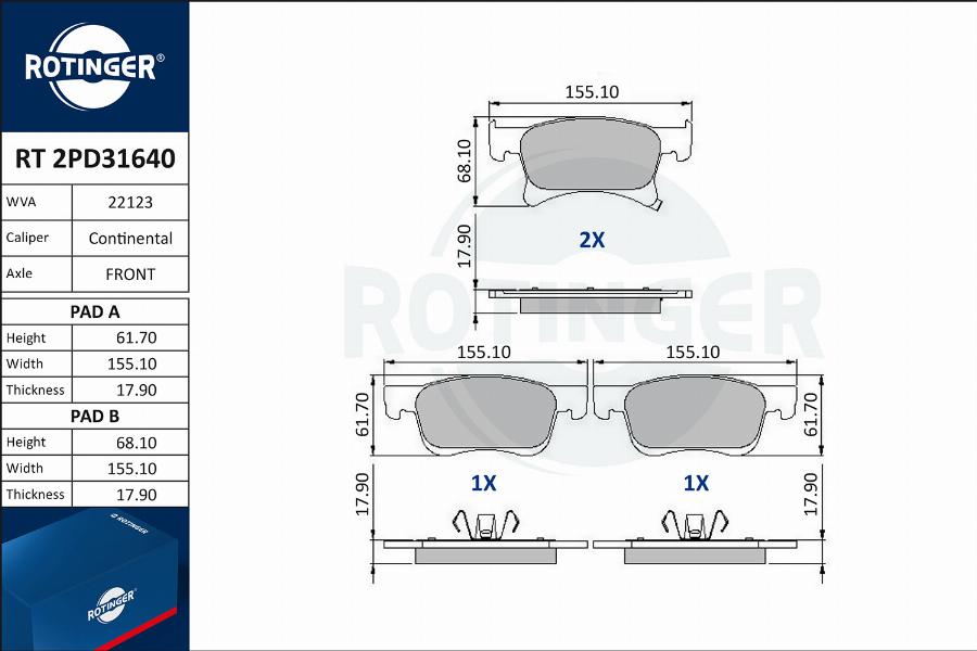 Rotinger RT 2PD31640 - Brake Pad Set, disc brake autospares.lv