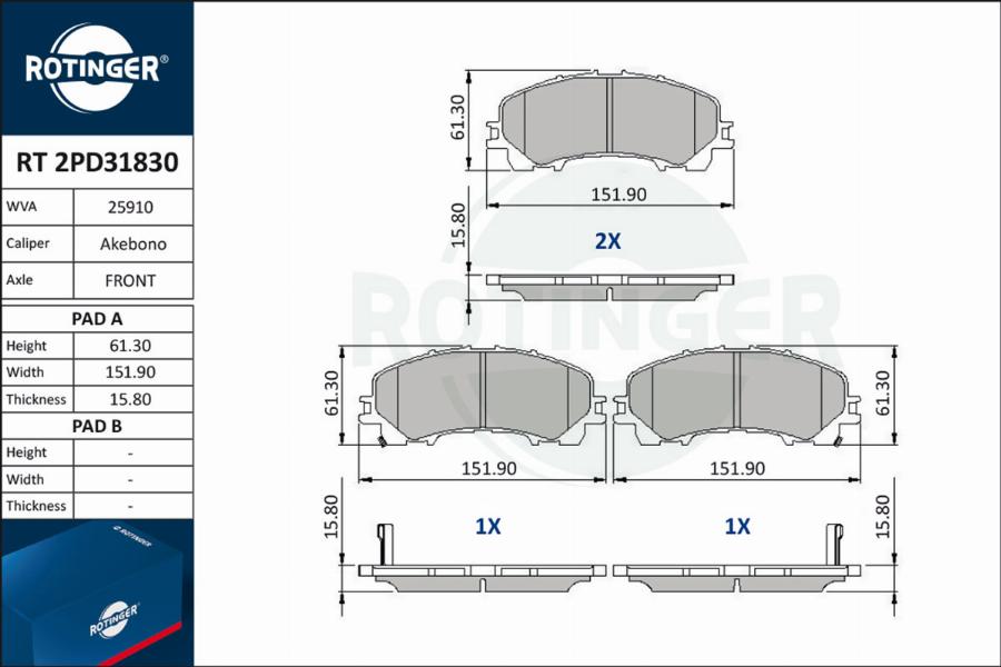 Rotinger RT 2PD31830 - Brake Pad Set, disc brake autospares.lv