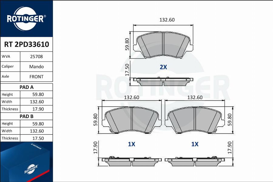 Rotinger RT 2PD33610 - Brake Pad Set, disc brake autospares.lv