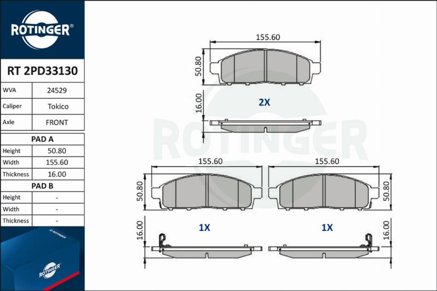 Rotinger RT 2PD33130 - Brake Pad Set, disc brake autospares.lv