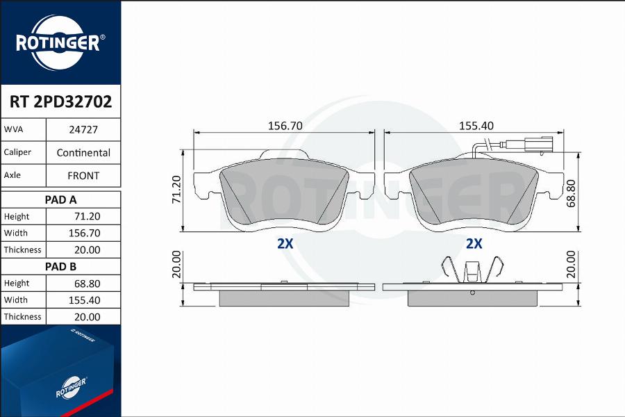 Rotinger RT 2PD32702 - Brake Pad Set, disc brake autospares.lv