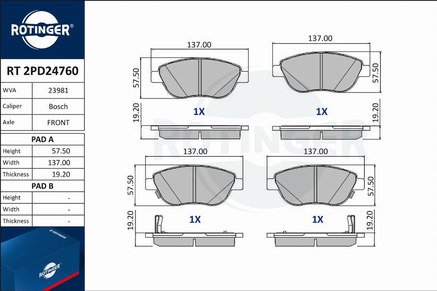 Rotinger RT 2PD24760 - Brake Pad Set, disc brake autospares.lv