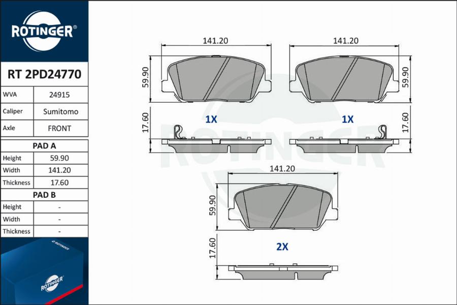 Rotinger RT 2PD24770 - Brake Pad Set, disc brake autospares.lv