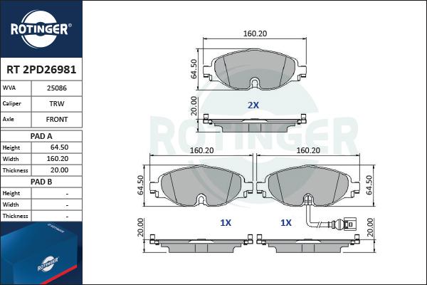 Rotinger RT 2PD26981 - Brake Pad Set, disc brake autospares.lv