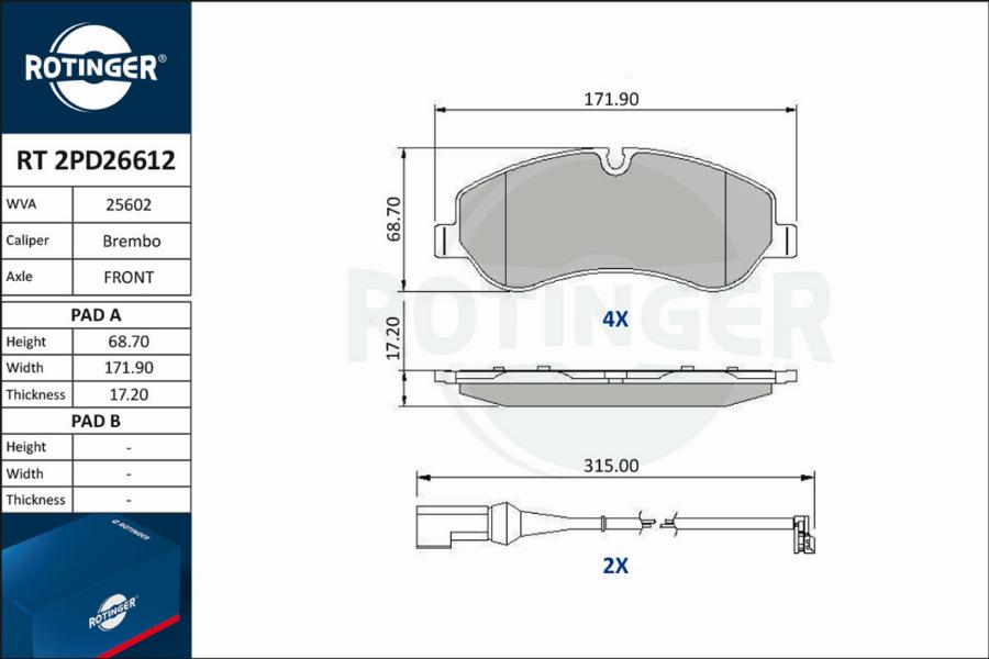 Rotinger RT 2PD26612 - Brake Pad Set, disc brake autospares.lv