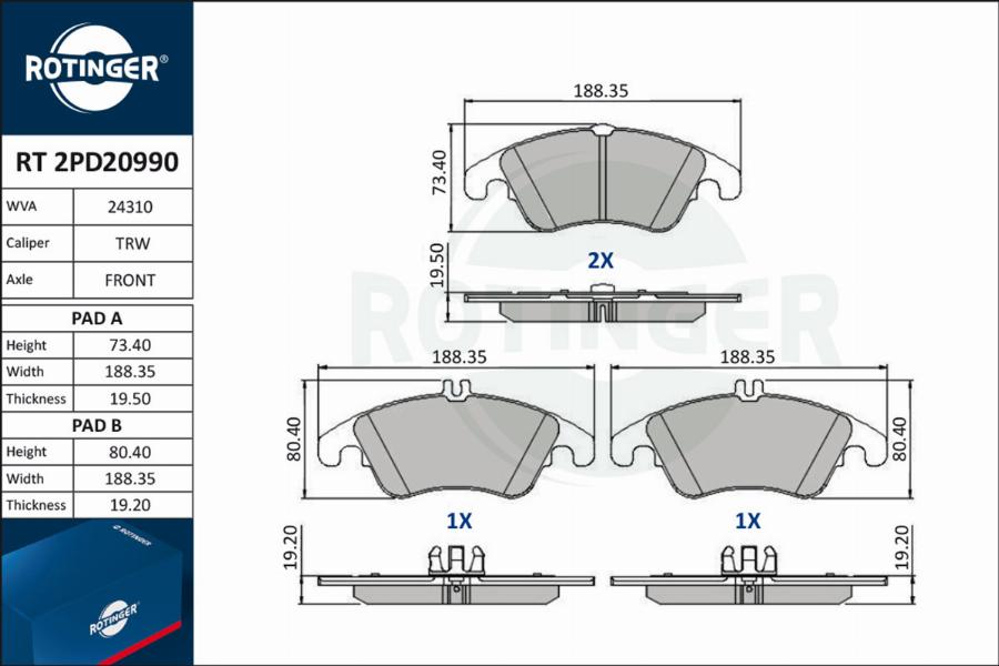 Rotinger RT 2PD20990 - Brake Pad Set, disc brake autospares.lv