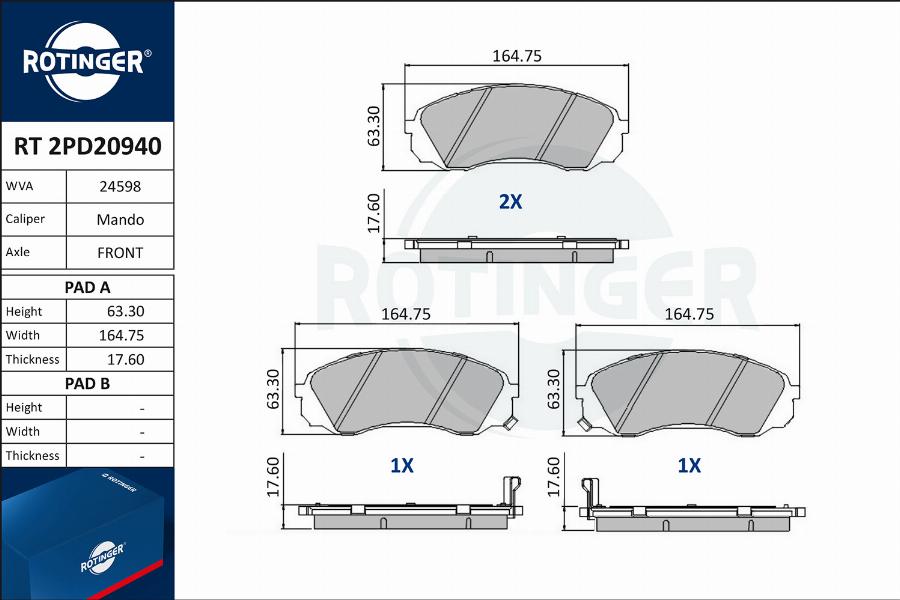 Rotinger RT 2PD20940 - Brake Pad Set, disc brake autospares.lv