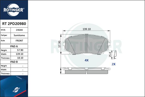 Rotinger RT 2PD20980 - Brake Pad Set, disc brake autospares.lv