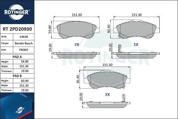 Rotinger RT 2PD20930 - Brake Pad Set, disc brake autospares.lv