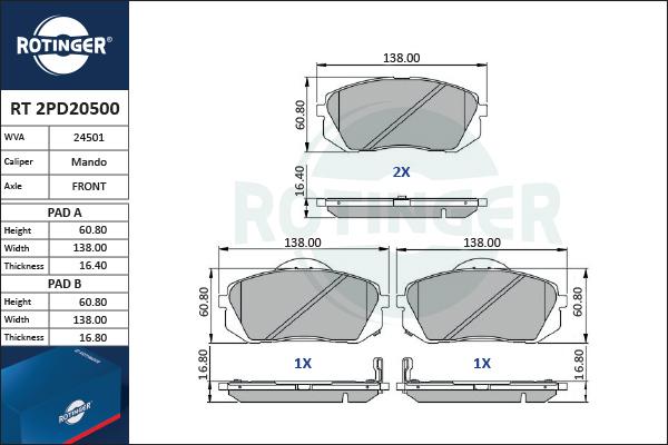 Rotinger RT 2PD20500 - Brake Pad Set, disc brake autospares.lv