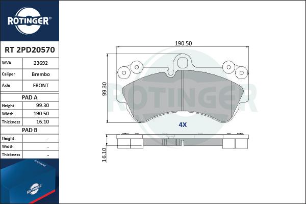 Rotinger RT 2PD20570 - Brake Pad Set, disc brake autospares.lv