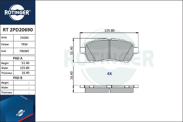 Rotinger RT 2PD20690 - Brake Pad Set, disc brake autospares.lv