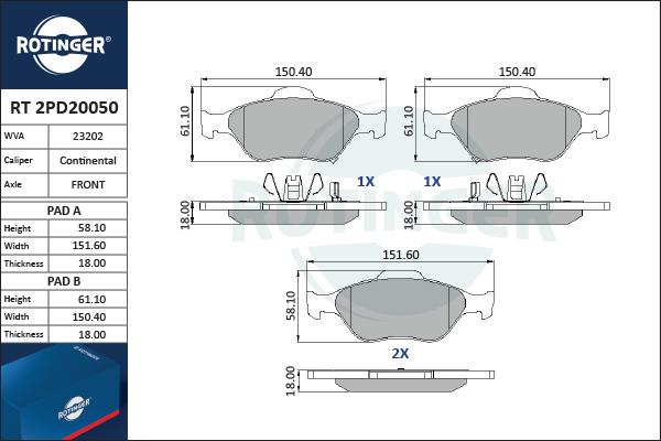 Rotinger RT 2PD20050 - Brake Pad Set, disc brake autospares.lv