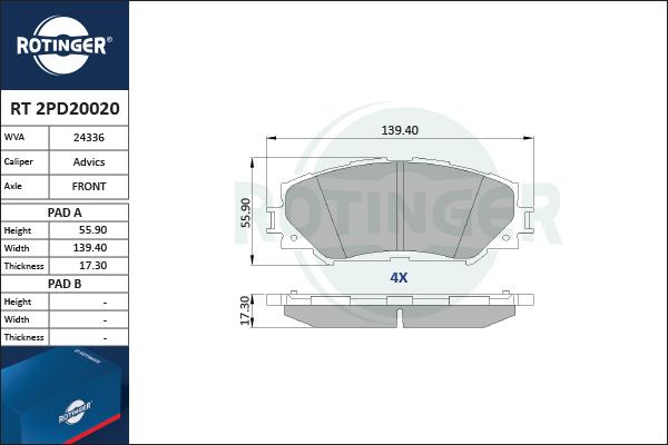 Rotinger RT 2PD20020 - Brake Pad Set, disc brake autospares.lv