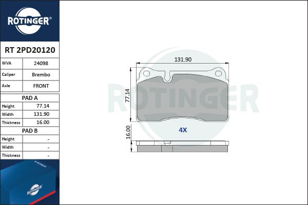 Rotinger RT 2PD20120 - Brake Pad Set, disc brake autospares.lv