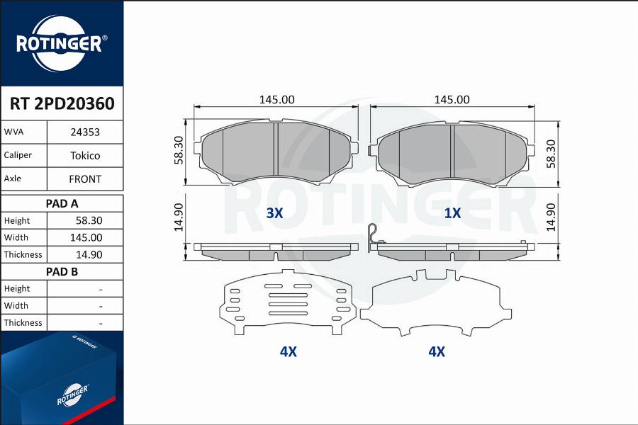 Rotinger RT 2PD20360 - Brake Pad Set, disc brake autospares.lv