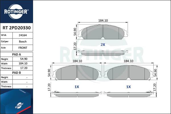 Rotinger RT 2PD20330 - Brake Pad Set, disc brake autospares.lv