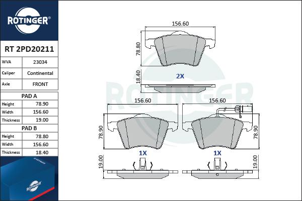 Rotinger RT 2PD20211 - Brake Pad Set, disc brake autospares.lv