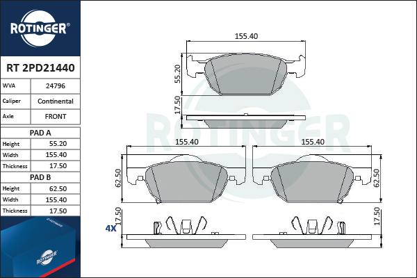 Rotinger RT 2PD21440 - Brake Pad Set, disc brake autospares.lv