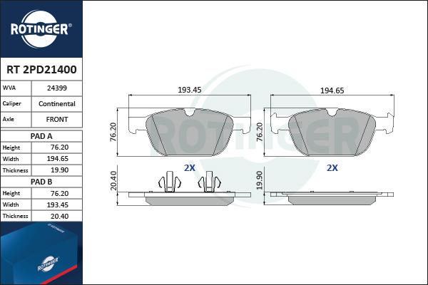 Rotinger RT 2PD21400 - Brake Pad Set, disc brake autospares.lv