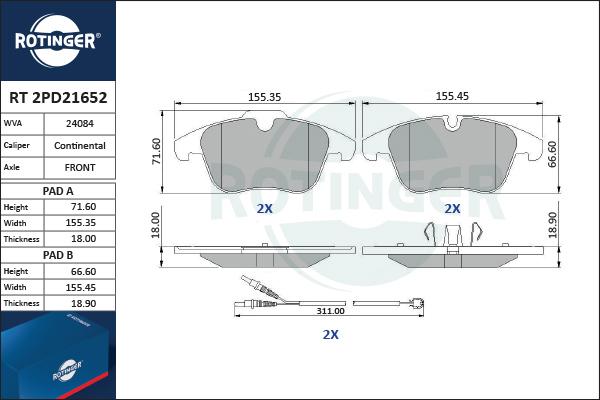 Rotinger RT 2PD21652 - Brake Pad Set, disc brake autospares.lv