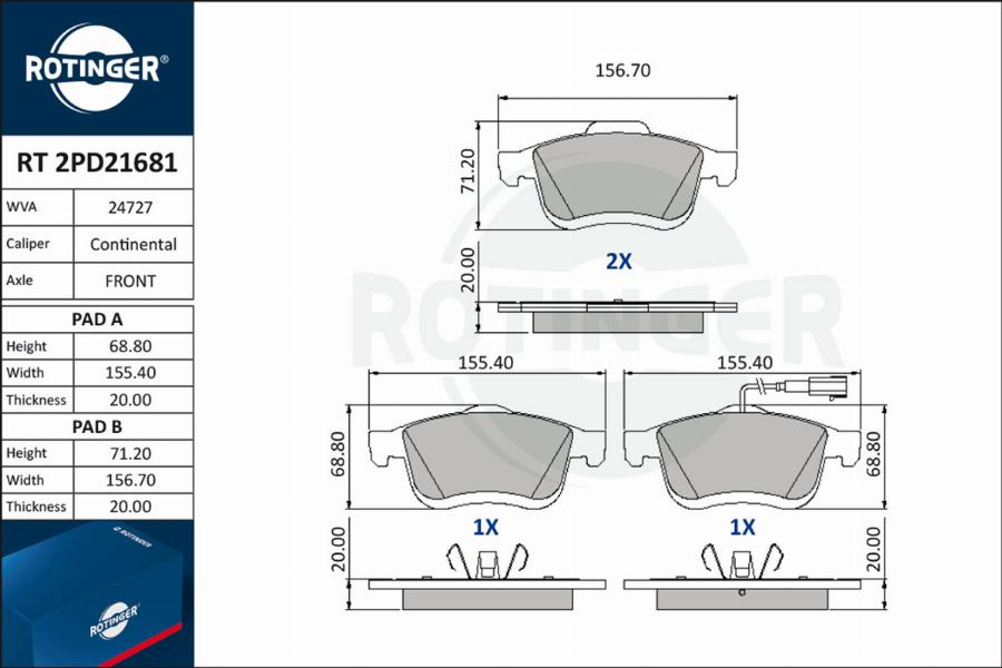 Rotinger RT 2PD21681 - Brake Pad Set, disc brake autospares.lv