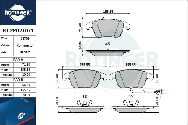 Rotinger RT 2PD21071 - Brake Pad Set, disc brake autospares.lv