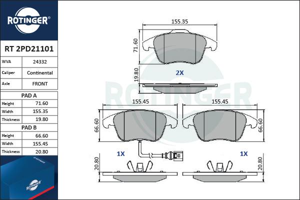 Rotinger RT 2PD21101 - Brake Pad Set, disc brake autospares.lv