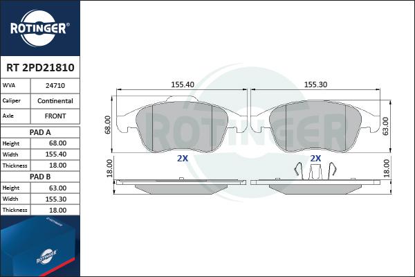 Rotinger RT 2PD21810 - Brake Pad Set, disc brake autospares.lv