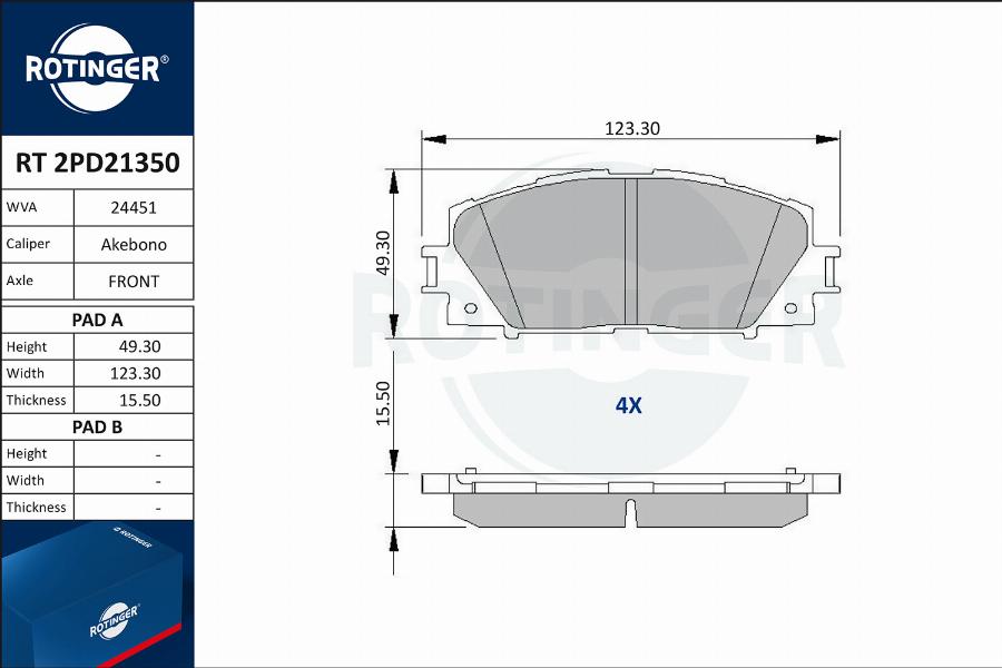 Rotinger RT 2PD21350 - Brake Pad Set, disc brake autospares.lv