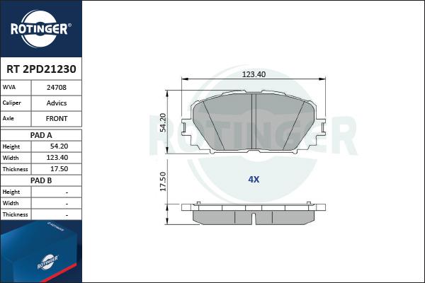 Rotinger RT 2PD21230 - Brake Pad Set, disc brake autospares.lv