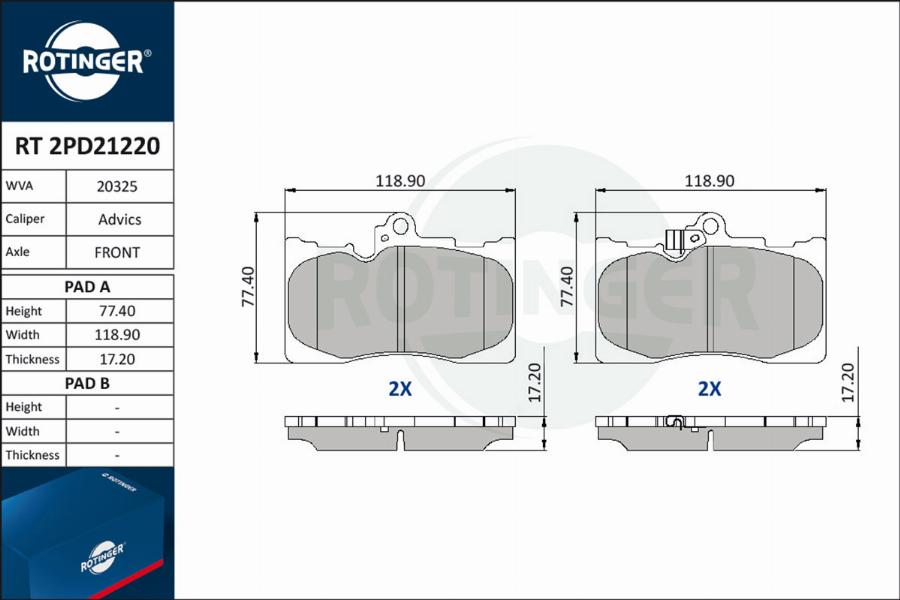 Rotinger RT 2PD21220 - Brake Pad Set, disc brake autospares.lv