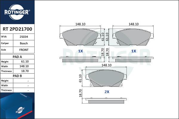 Rotinger RT 2PD21700 - Brake Pad Set, disc brake autospares.lv