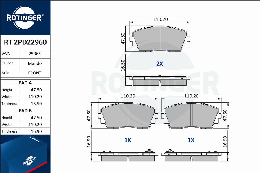 Rotinger RT 2PD22960 - Brake Pad Set, disc brake autospares.lv