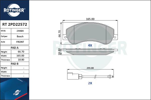 Rotinger RT 2PD22572 - Brake Pad Set, disc brake autospares.lv