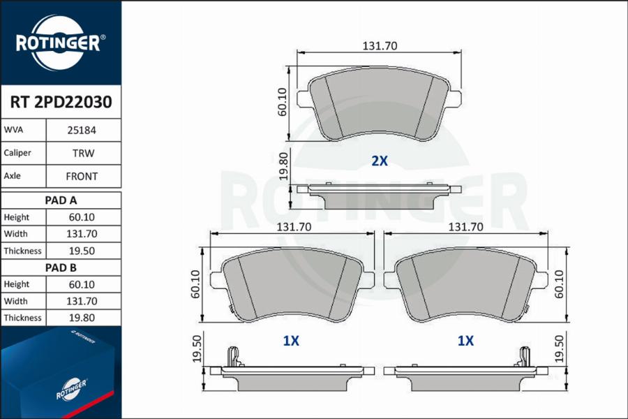 Rotinger RT 2PD22030 - Brake Pad Set, disc brake autospares.lv