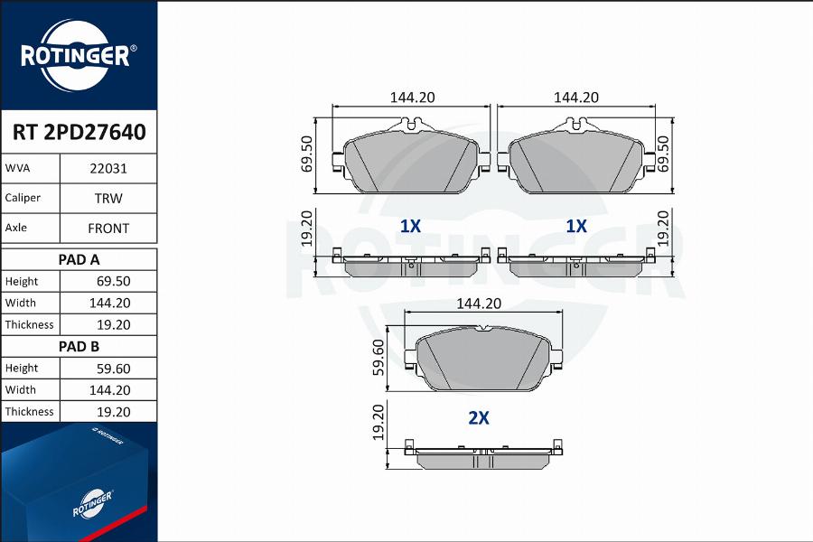 Rotinger RT 2PD27640 - Brake Pad Set, disc brake autospares.lv