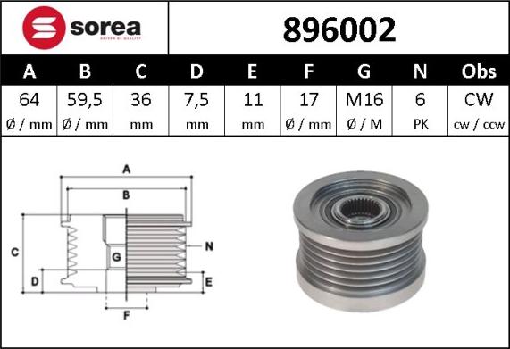 Sera 896002 - Pulley, alternator, freewheel clutch autospares.lv