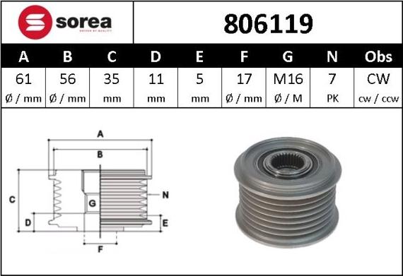 Sera 806119 - Pulley, alternator, freewheel clutch autospares.lv