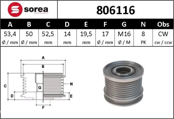 Sera 806116 - Pulley, alternator, freewheel clutch autospares.lv